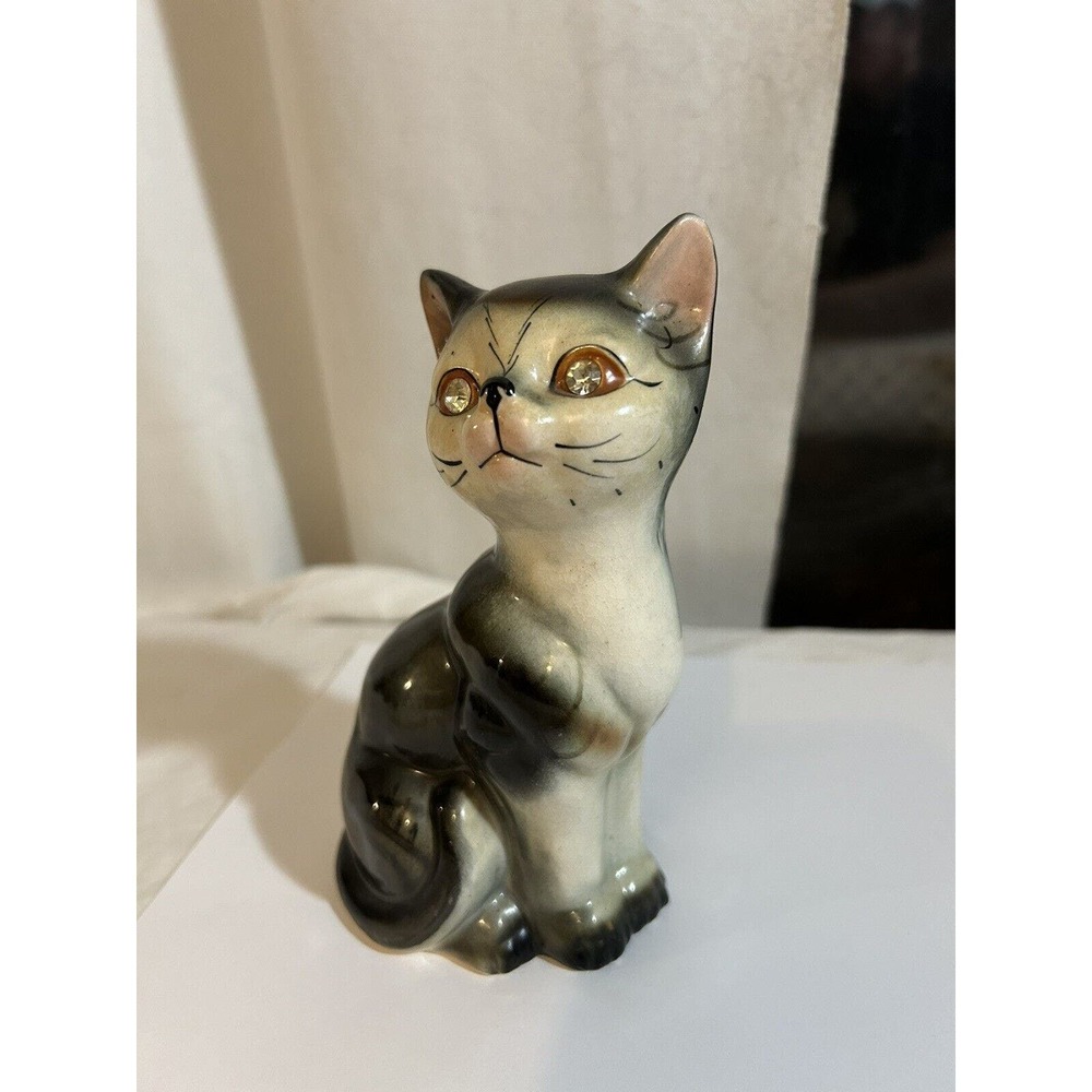 Vintage Porcelain Gray and White Cat Figure 6" Tall Hand Painted Pacific Japan